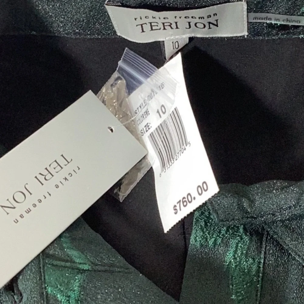 Teri Jon Rickie Freeman A-Line Jacquard Embroidered Green Shirt dress Gown 8 - Picture 9 of 12